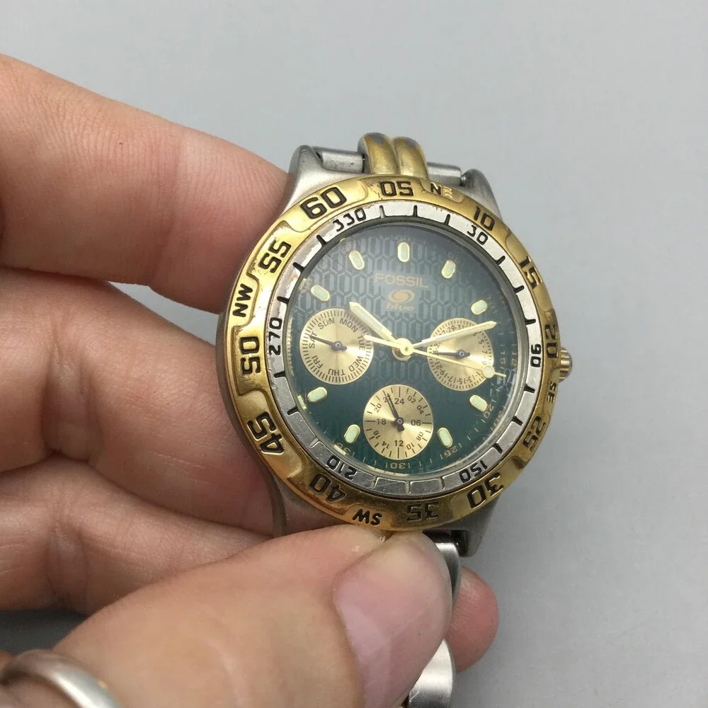 Fossil Blue Mens Watch 35mm Green Dial Two Tone Stainless Quartz 100M Sport WR
